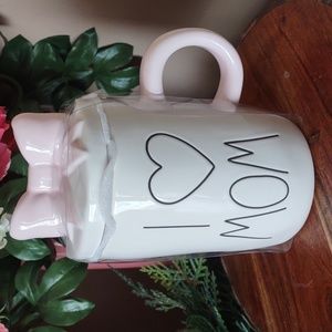 Rae Dunn I LOVE MOM White & Pink Coffee Ceramic Mug with Bow Topper Lid 2023 NEW